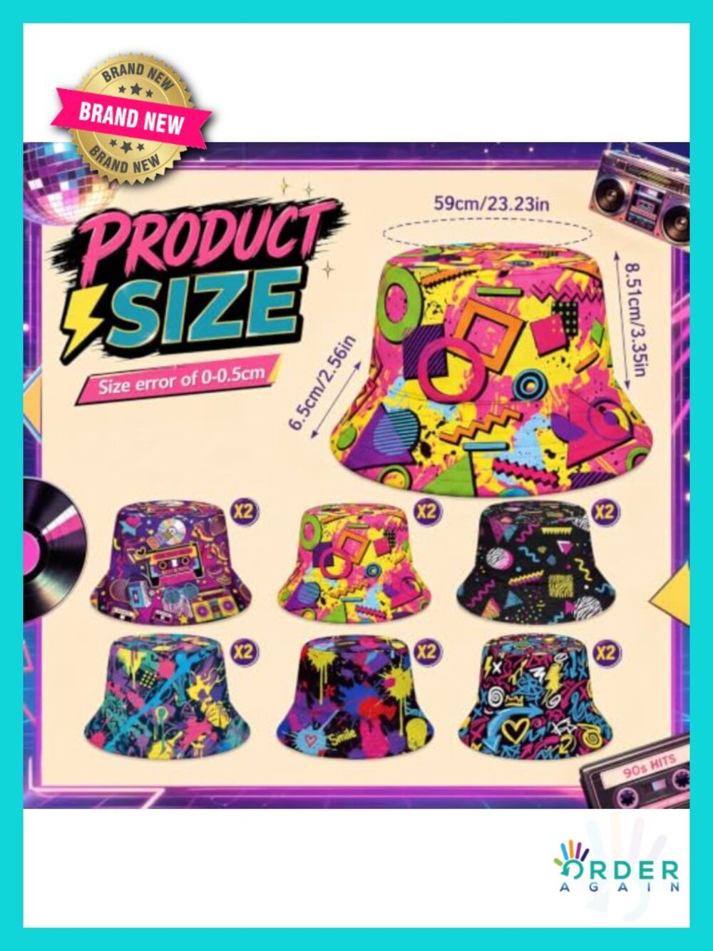 12 Pack Retro 90s Graffiti Bucket Hats Polyester Sun Caps Adult Unisex - Picture 2 of 6